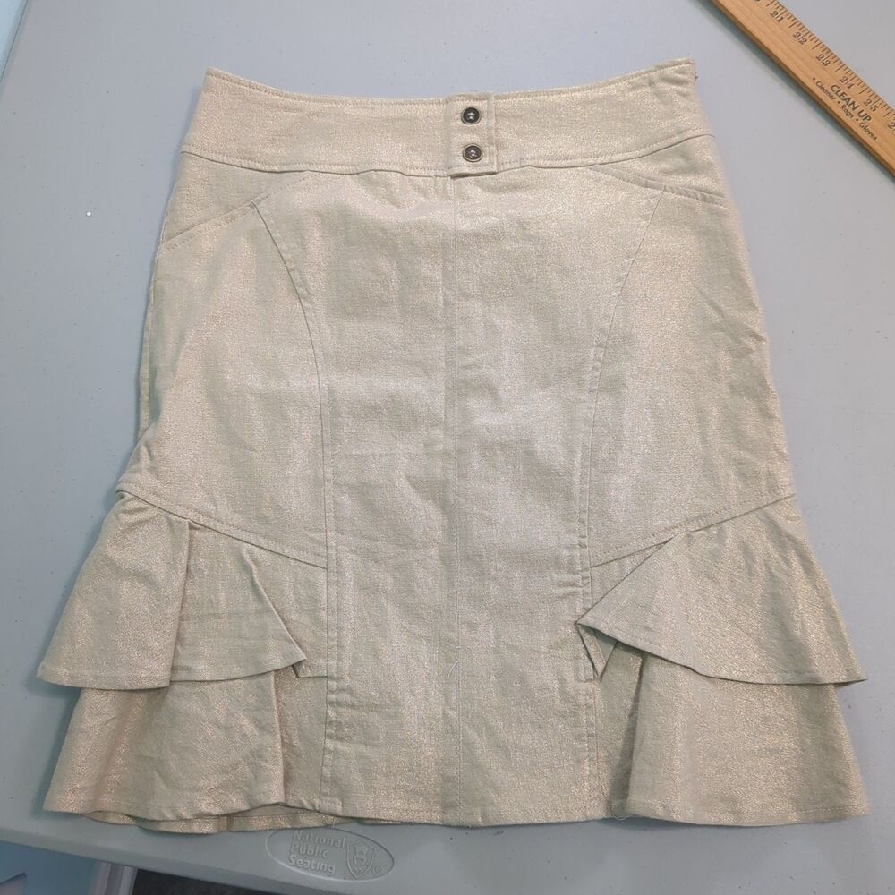 Cache Skirt 2 Golden Metallic Lined Ruffled Flared Hem new old stock y2k